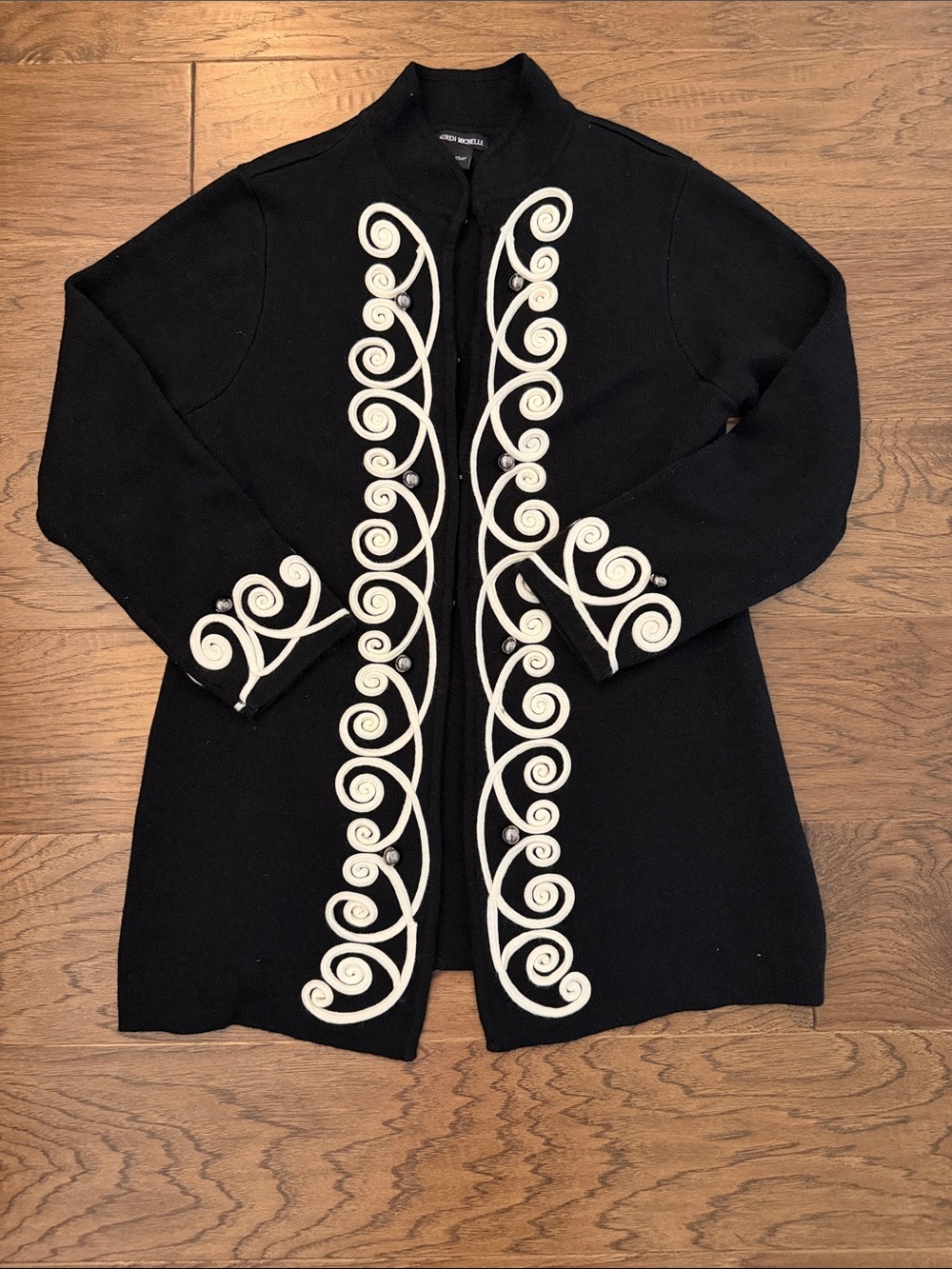 Lauren Michelle Vintage Black Cardigan Duster with cream Scroll Embroidery M - Picture 2 of 9